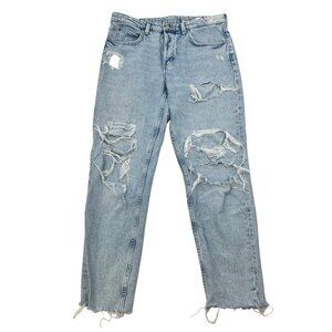 & Denim Distressed Boyfriend Jeans Frayed Cuffed Light Wash Button Fly Size 6
